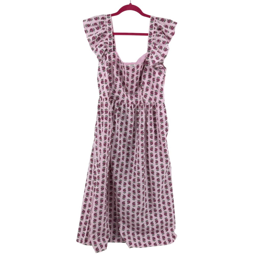 J.Crew Dress Ruffle Sleeve Midi 14 Pink Floral Womens Summer Cotton CI215